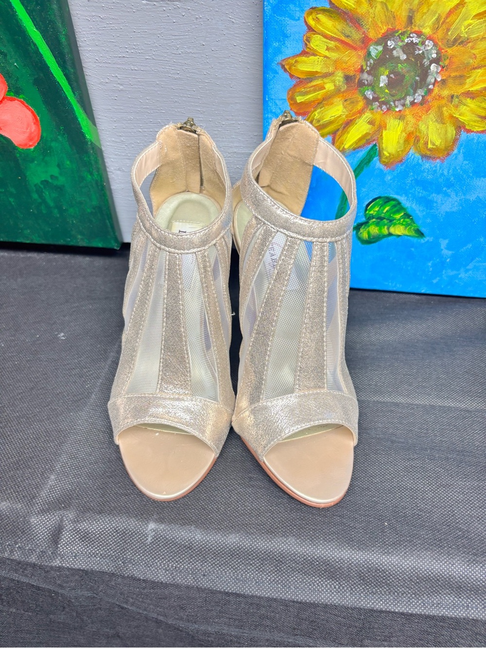 Gold Metallic Mesh Peep-Toe Heels